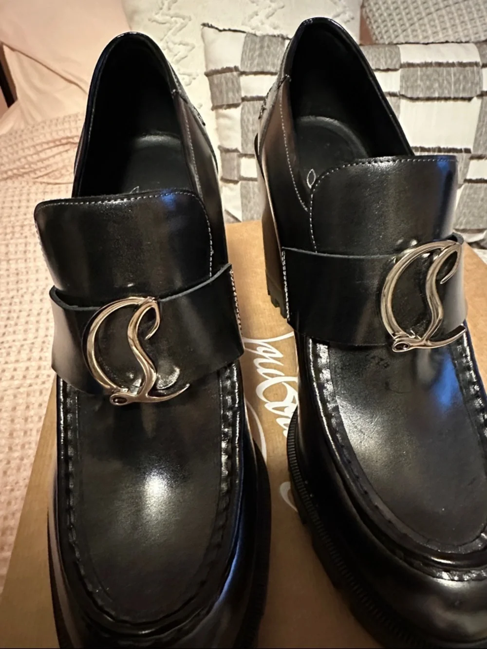 Christian Louboutin Moc Lug Alta 100 Black Leather Platform Loafers Size 38.5 - Picture 8 of 12